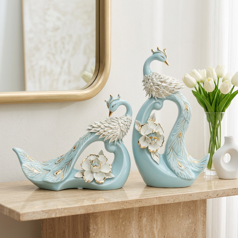Imperial Ceramic Peacock Couple Statues Set of 2