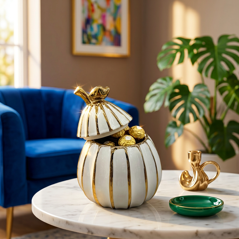 Elegant Gilded Pear Ceramic Jar with Lid
