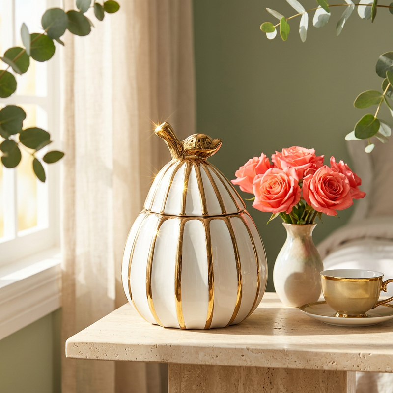 Elegant Gilded Pear Ceramic Jar with Lid
