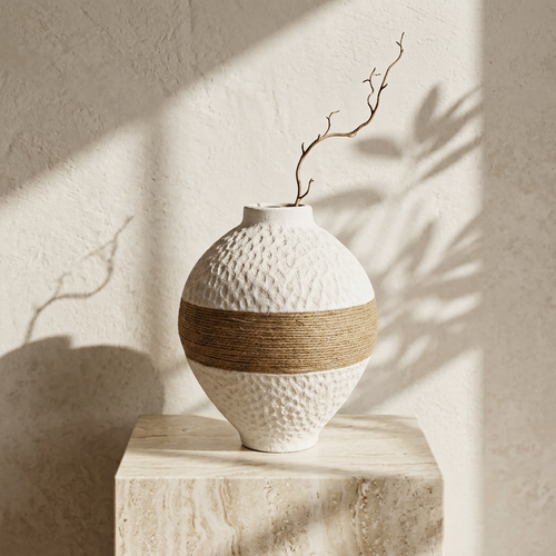 White Round Flower Vase with Natural Twine