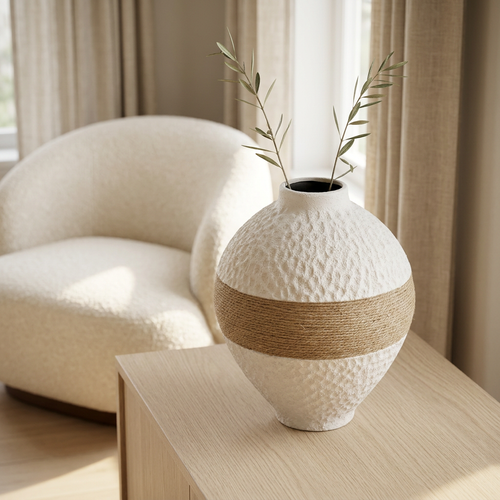 White Round Flower Vase with Natural Twine