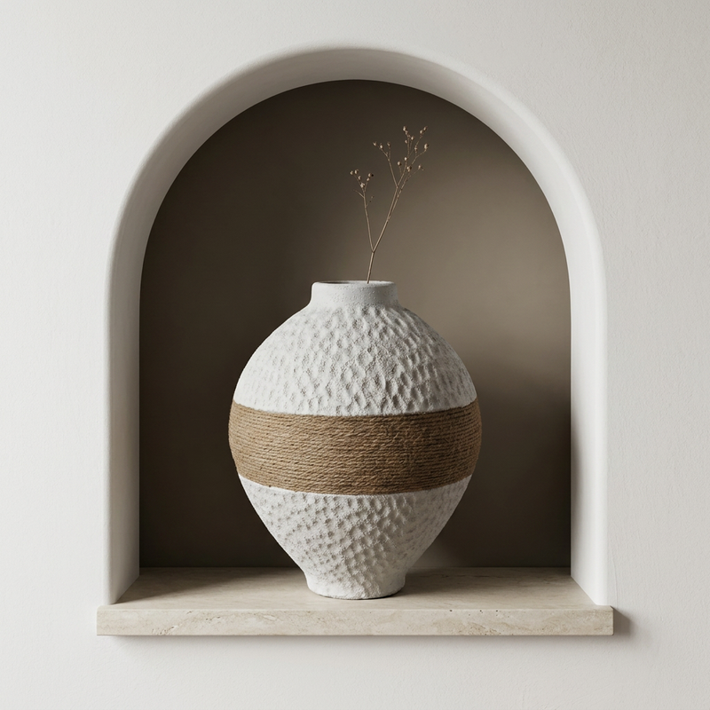 White Round Flower Vase with Natural Twine