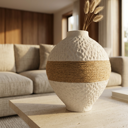 White Round Flower Vase with Natural Twine