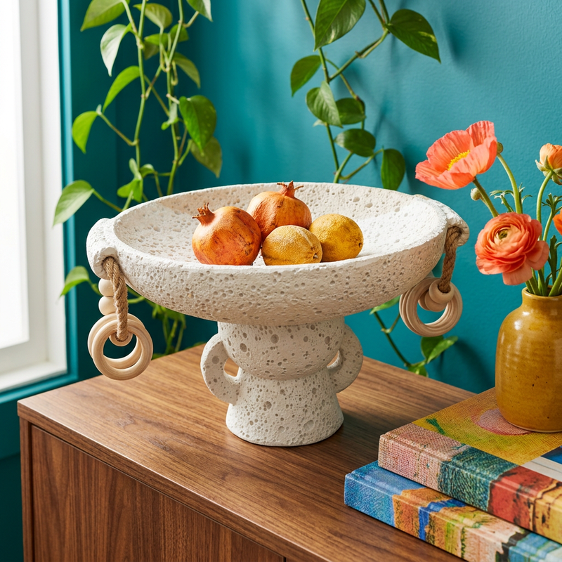 Elegant Volcanic Bowl with Wooden Ring Accents