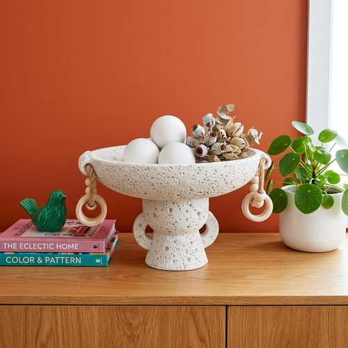 Elegant Volcanic Bowl with Wooden Ring Accents