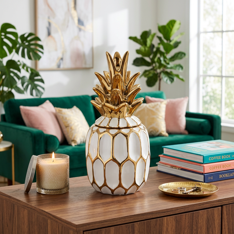 Elegant Gilded Pineapple Ceramic Jar with Lid