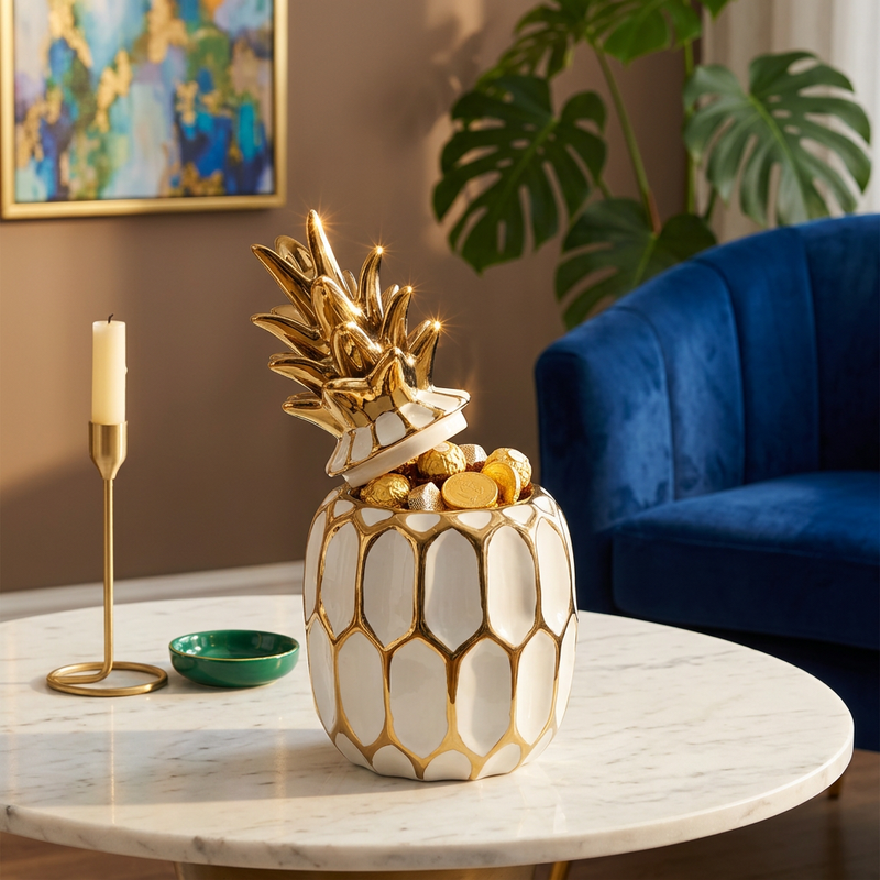 Elegant Gilded Pineapple Ceramic Jar with Lid