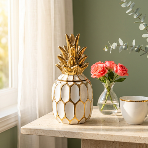 Elegant Gilded Pineapple Ceramic Jar with Lid