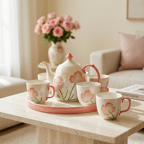 3D Poppy Blossom Ceramic Tea Set with Serving Tray