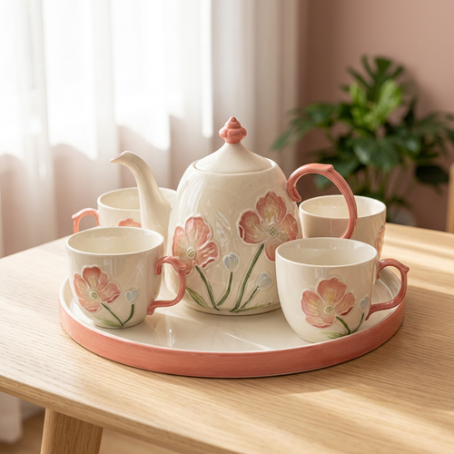 3D Poppy Blossom Ceramic Tea Set with Serving Tray