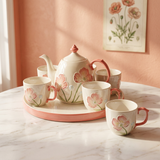 3D Poppy Blossom Ceramic Tea Set with Serving Tray