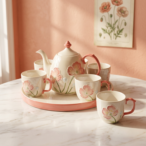 3D Poppy Blossom Ceramic Tea Set with Serving Tray