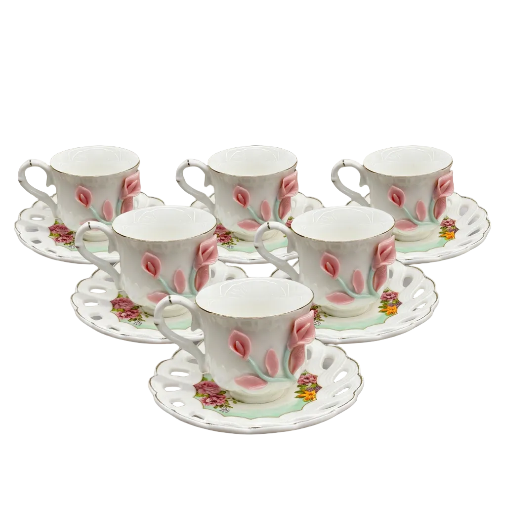 Vintage Sculpted Pink Lily Tea Cup & Saucer Set of 6