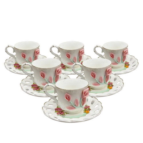 Vintage Sculpted Pink Lily Tea Cup & Saucer Set of 6