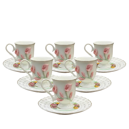 Imperial White & Pink Calla Lily Cup & Saucer Set of 6