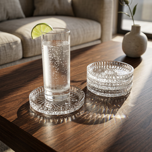 Clear Glass Drink Coasters Set of 6 with Holder 4 Inch