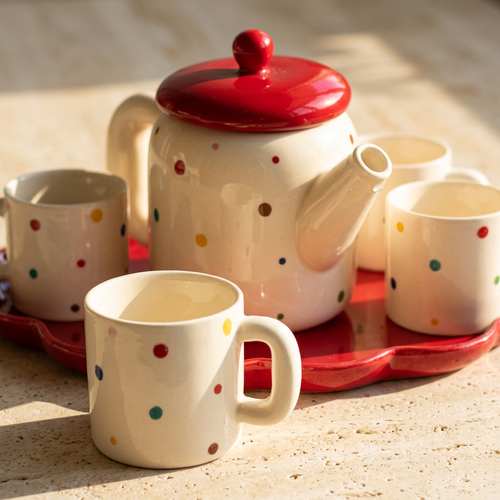Polka Dot Tea Set with Cherry Red Scalloped Tray