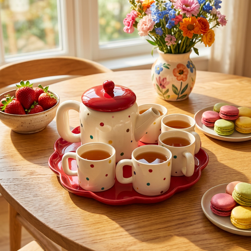 Polka Dot Tea Set with Cherry Red Scalloped Tray
