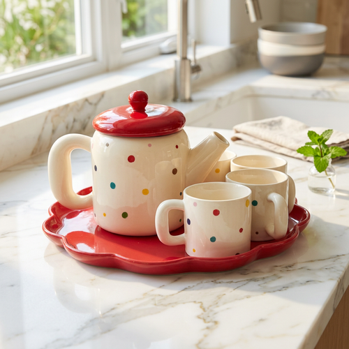 Polka Dot Tea Set with Cherry Red Scalloped Tray