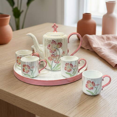 3D Botanical Pearl 8-Piece Tea Service in Ivory & Coral Rose
