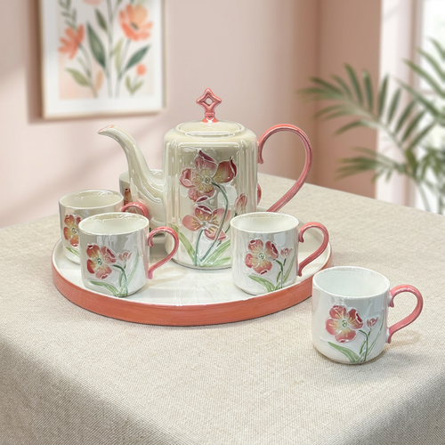 3D Botanical Pearl 8-Piece Tea Service in Ivory & Coral Rose