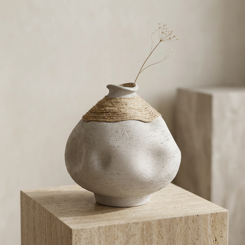 Matte Grey Vase with Jute Detail