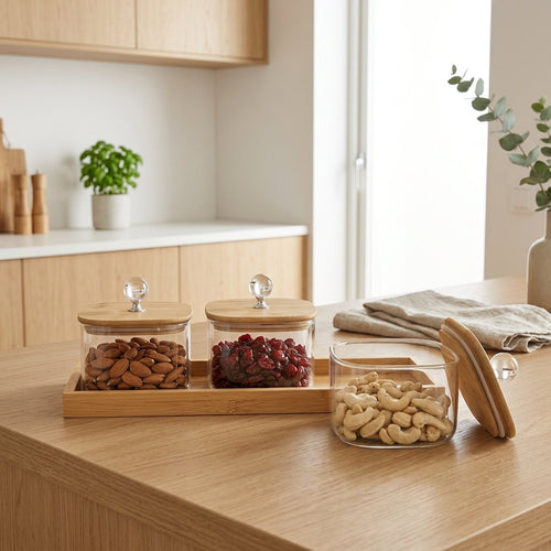Elegant Glass Jars Set with Bamboo Tray Set of 3