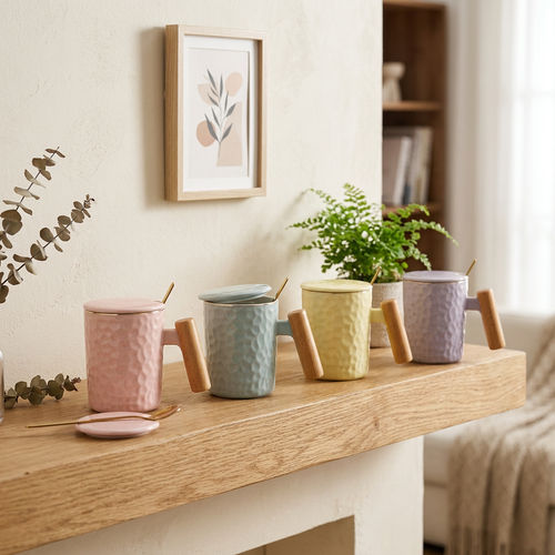 Nordic Textured Ceramic Mug with Wooden Handle & Lid