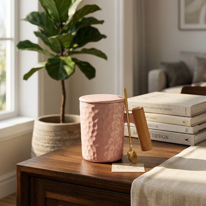 Nordic Textured Ceramic Mug with Wooden Handle & Lid