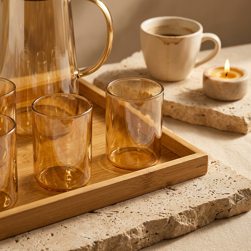 Amber Glass Water Pitcher and Glasses Set 8 Piece