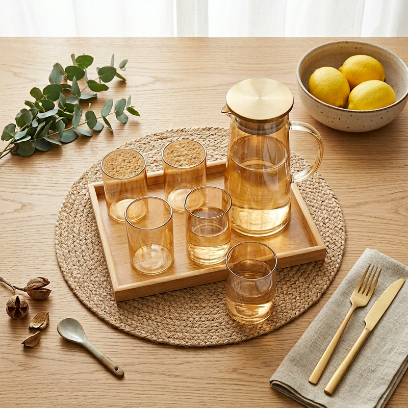 Amber Glass Water Pitcher and Glasses Set 8 Piece