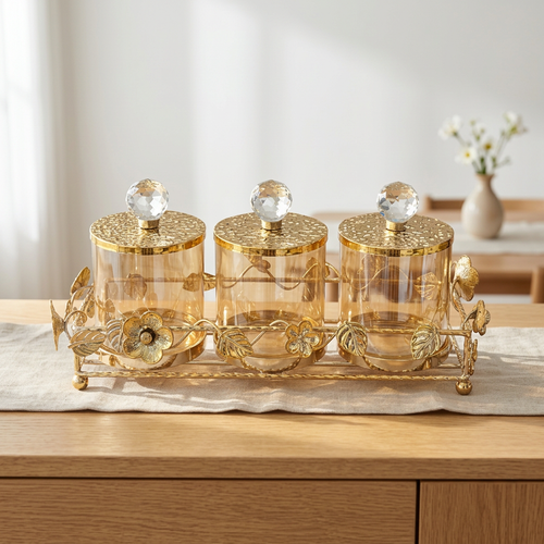 Botanical Floral Tinted Glass Canister Set with Crystal Knobs