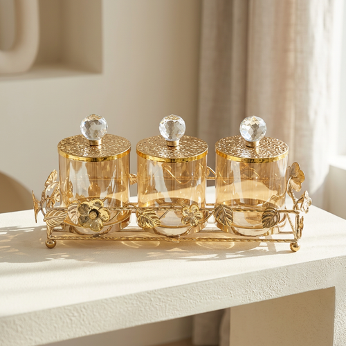 Botanical Floral Tinted Glass Canister Set with Crystal Knobs
