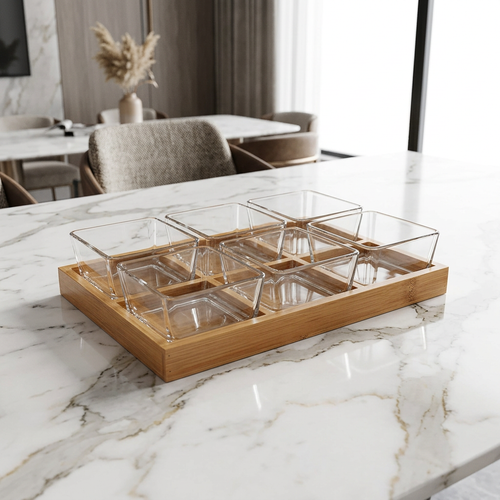 Glass Snack Bowl Set with Bamboo Tray – 6 Pieces