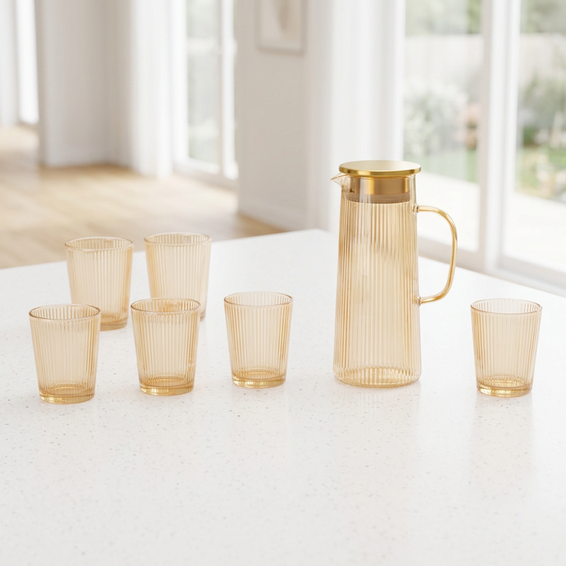 Amber Ribbed Pitcher & Tumbler Set OF 7