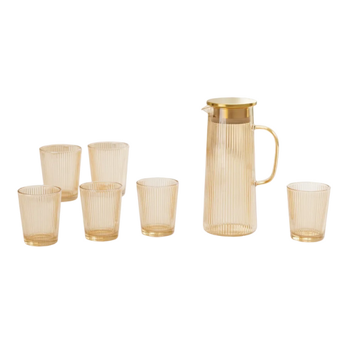 Amber Ribbed Pitcher & Tumbler Set OF 7