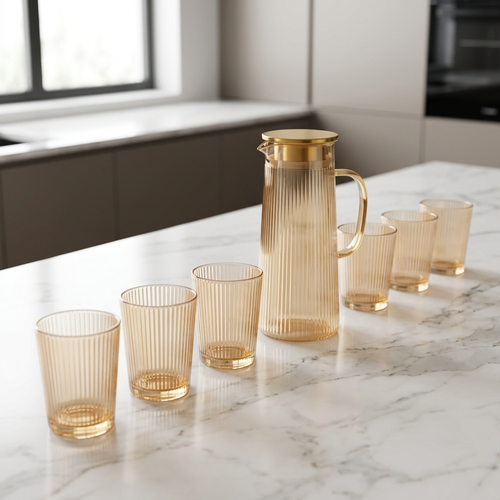 Amber Ribbed Pitcher & Tumbler Set OF 7