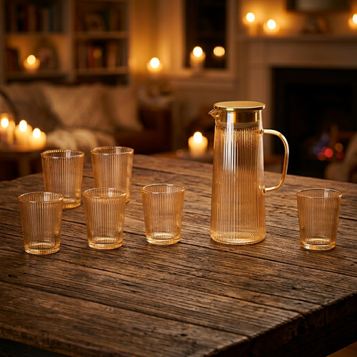 Amber Ribbed Pitcher & Tumbler Set OF 7