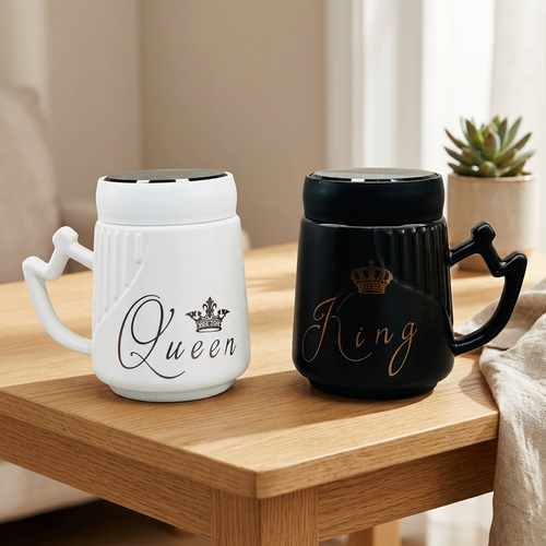 King & Queen Ceramic Couple Mug Set with Mirror Lids