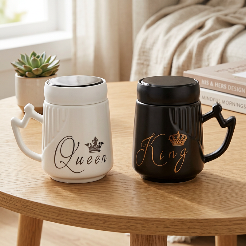 King & Queen Ceramic Couple Mug Set with Mirror Lids