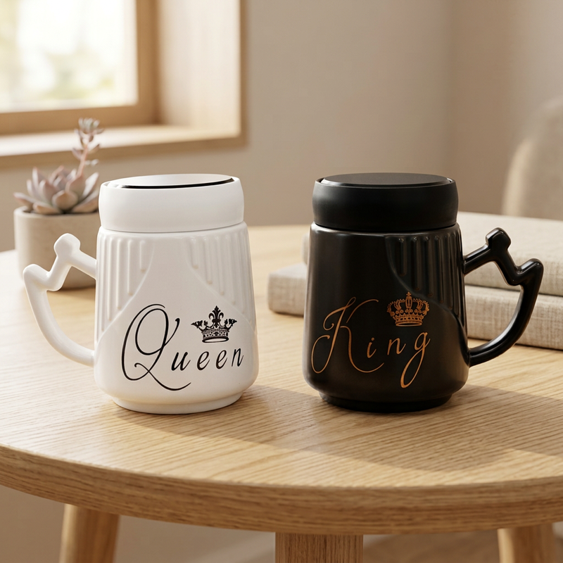 King & Queen Ceramic Couple Mug Set with Mirror Lids