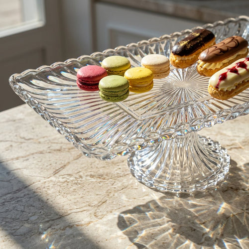 Elegant Scalloped Rectangular Pedestal Glass Tray 14 Inch
