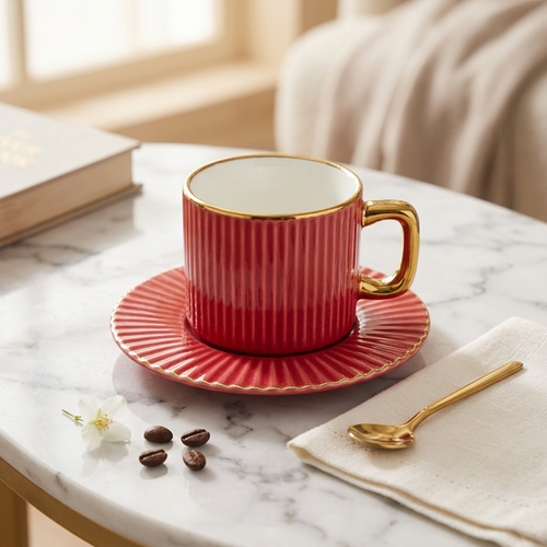 Crimson Red Cups with Gold Rim & Handle Set of 6
