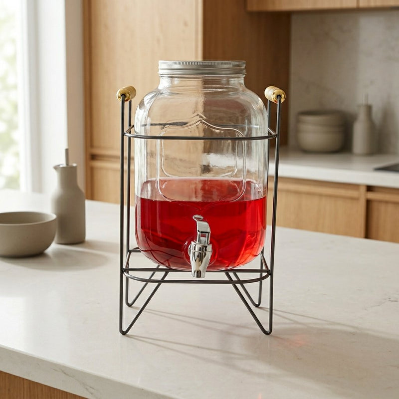 Glass Beverage Dispenser with Metal Stand