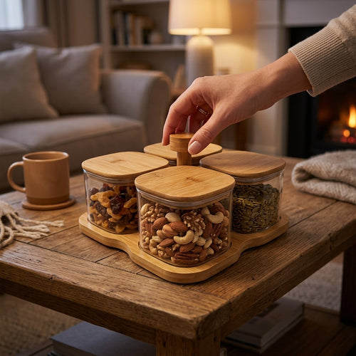Elegant Square Glass Storage Jar Set on Rotating Wooden Tray