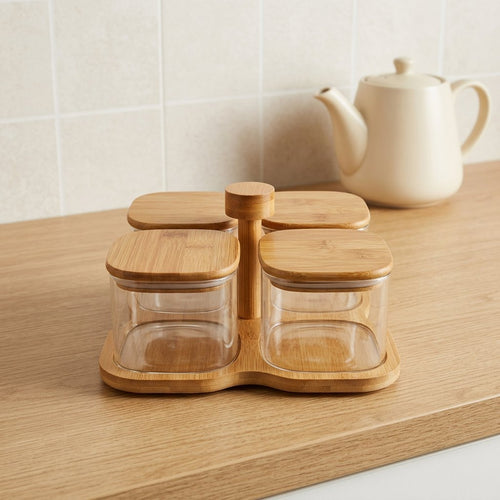 Elegant Square Glass Storage Jar Set on Rotating Wooden Tray