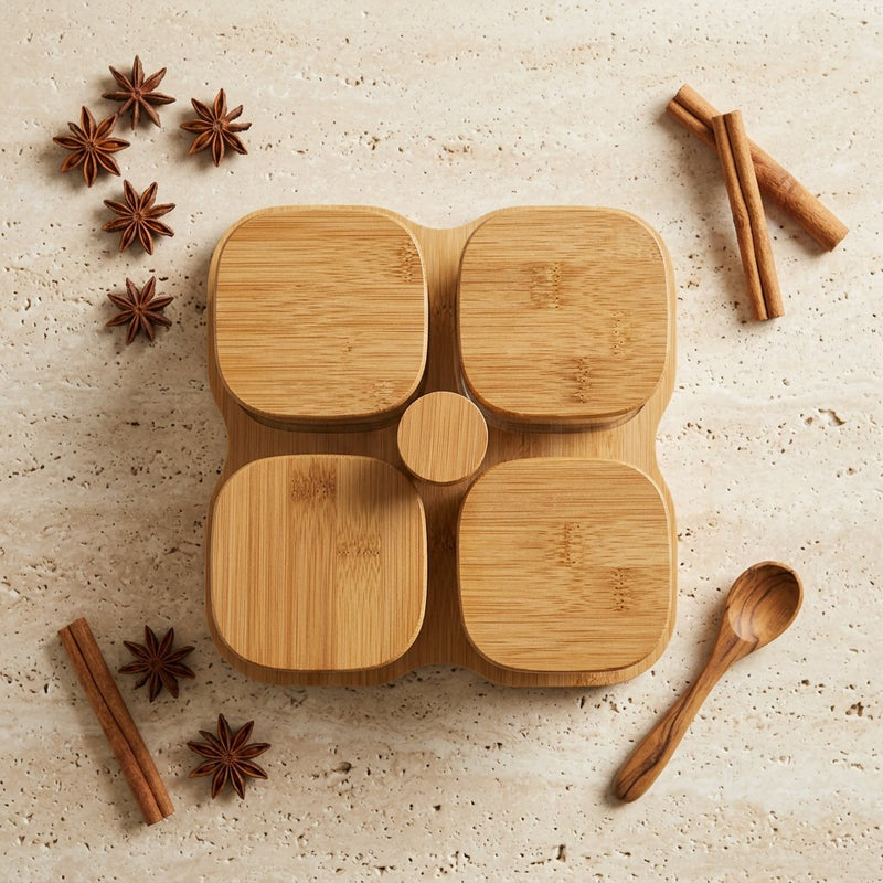 Elegant Square Glass Storage Jar Set on Rotating Wooden Tray