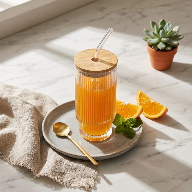 Modern Glass Sipper with Sustainable Bamboo Top
