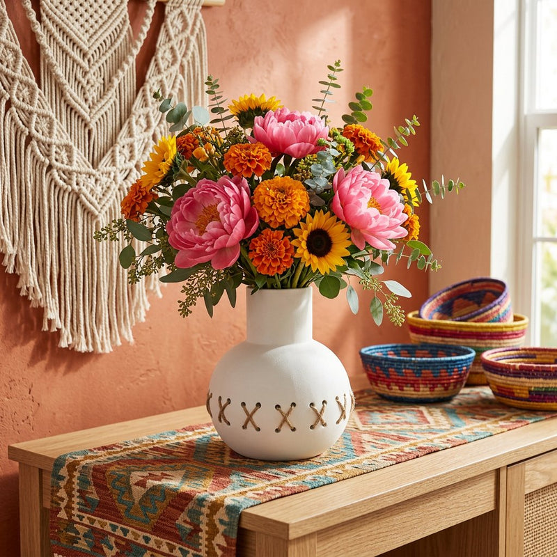 Spherical Ceramic Vase with Twine Cross-Lacing