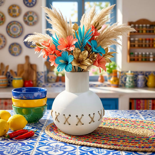 Spherical Ceramic Vase with Twine Cross-Lacing